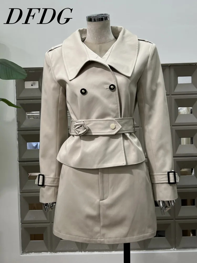 

DFDG 2025 SS Women's Vintage Double-Breasted Cropped Trench Coat High Waist Peplum Skirt Two-Piece Set Office Dating Outfits Set