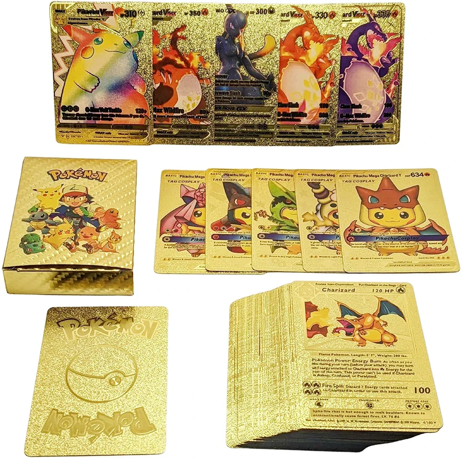 55Pcs Pokemones Gold Foil Card One Piecees Cards VSTAR VMAX EX GX Cards English French German Spanish Children Gift