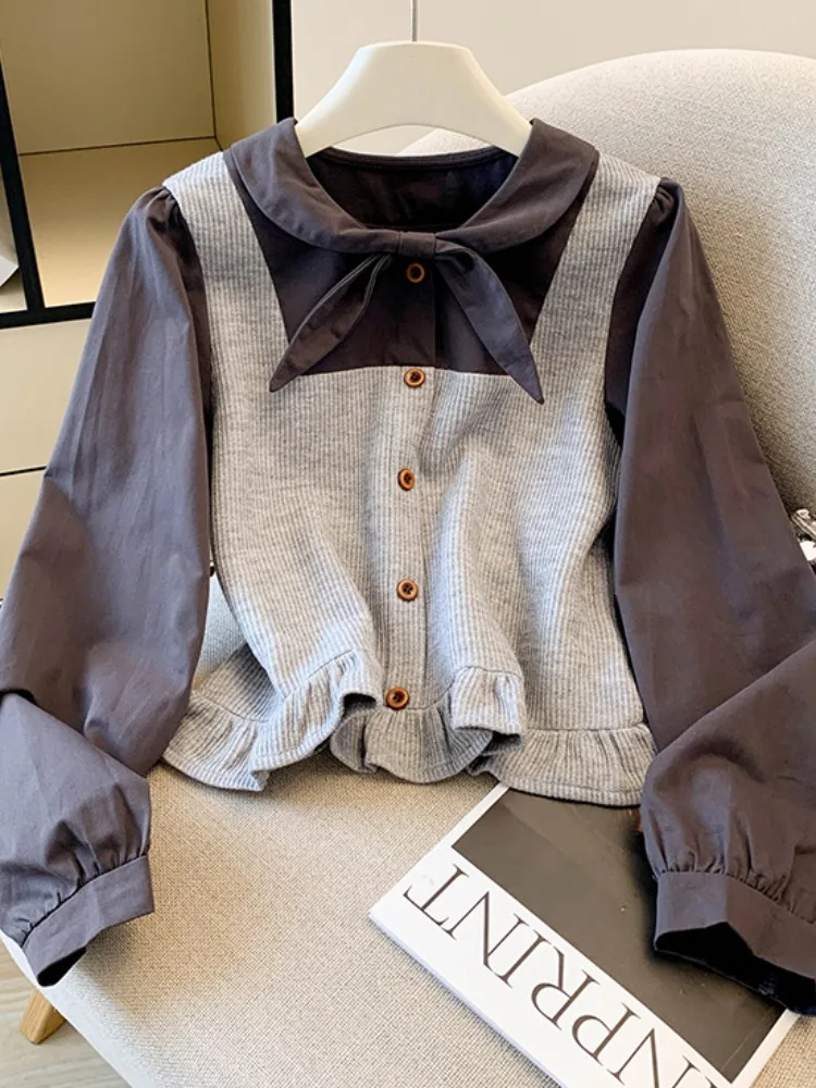 แนะนำเสื้อคอปกตุ๊กตาแบบผูกเองสำหรับผู้หญิง สีออร์ท ดีไซน์สีสันสดใส สไตล์เกาหลี แต่งกระดุม แขนยาว