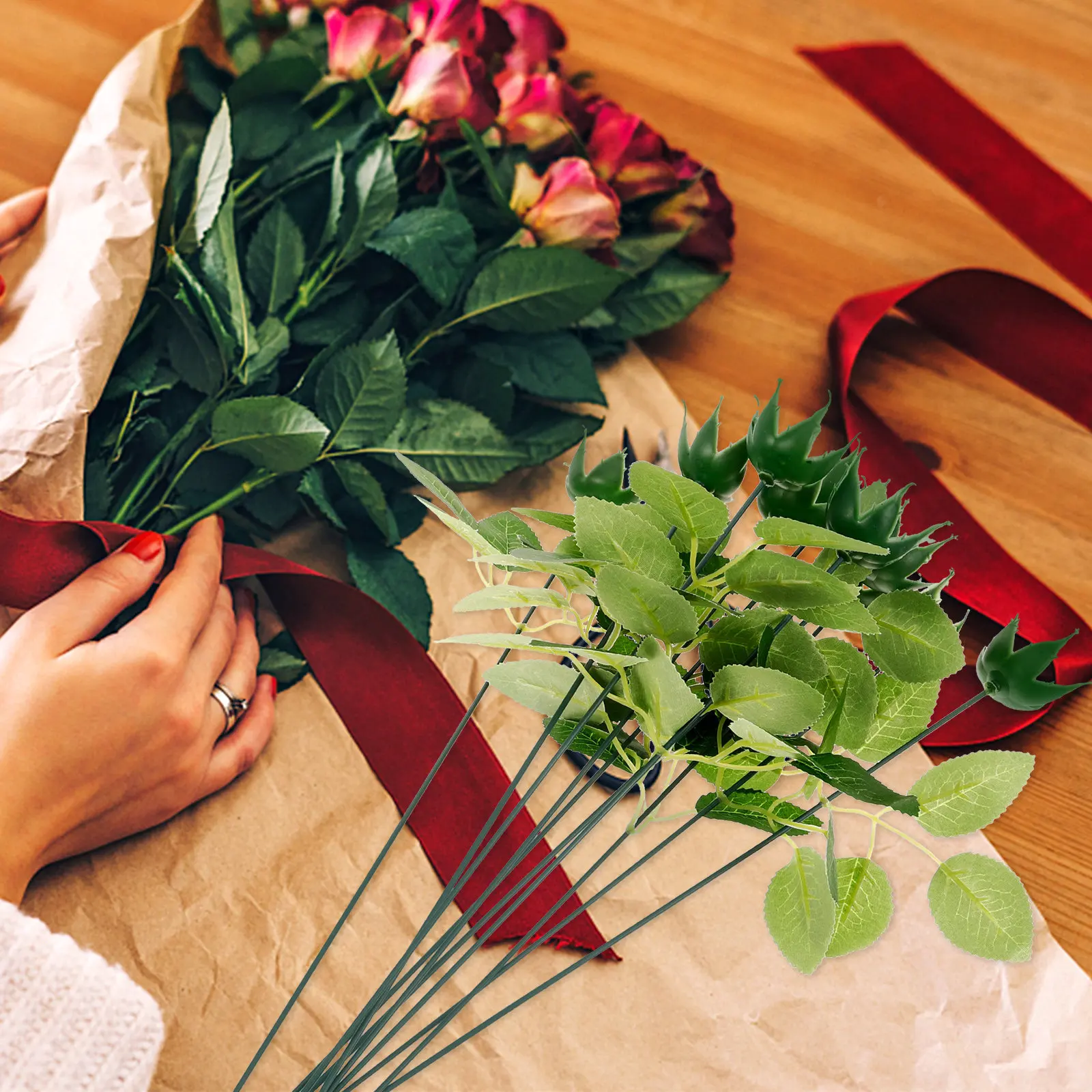 1Set DIY Flower Sepals Stems Leaves Kit Plastic Calyxes with Hole for Easy Stem Threading Lifelike Fake Flowers Arrangement