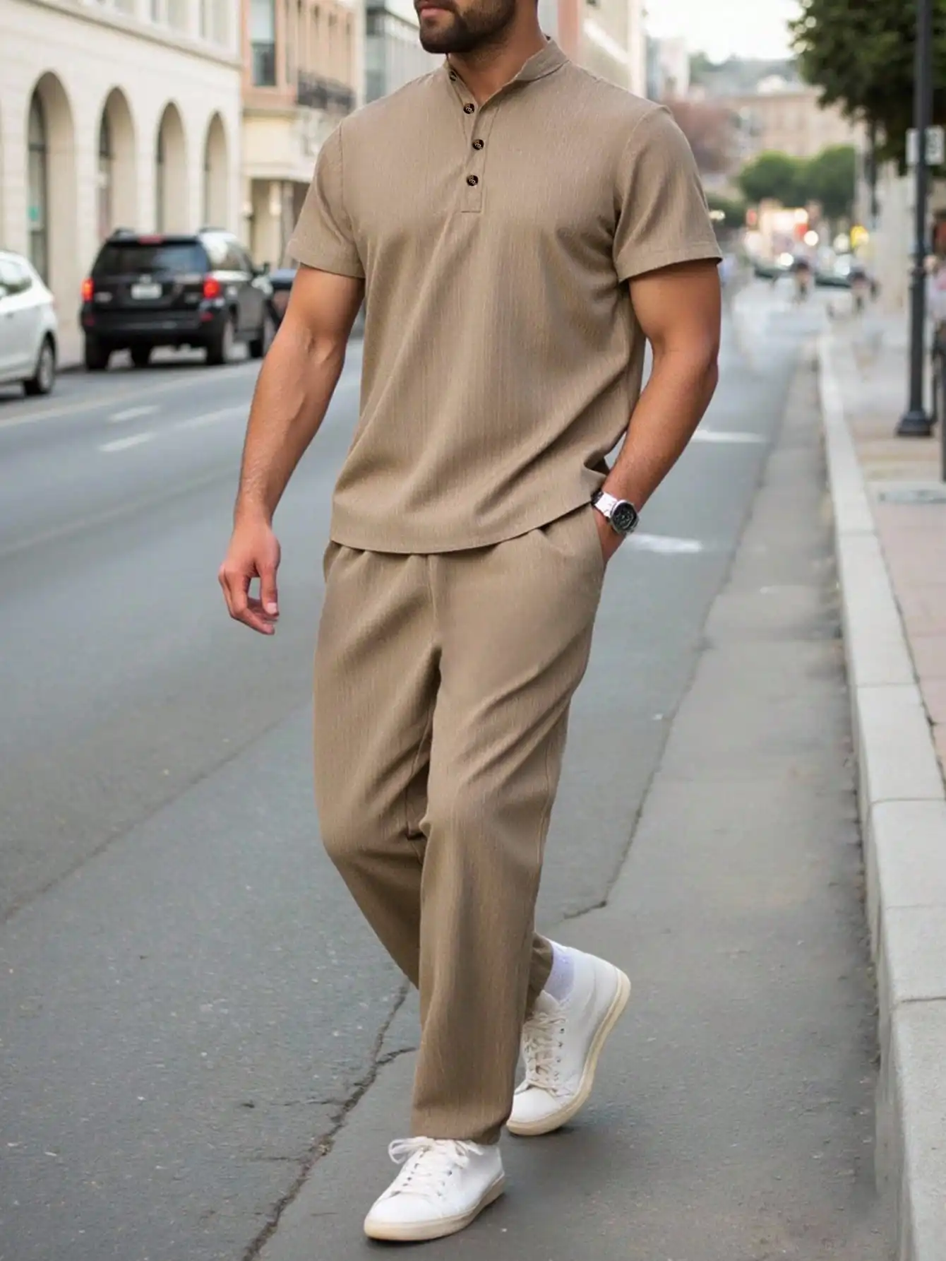 

Men's 2-Piece Crinkle Fabric Henley Shirt & Drawstring Waist Pants Set