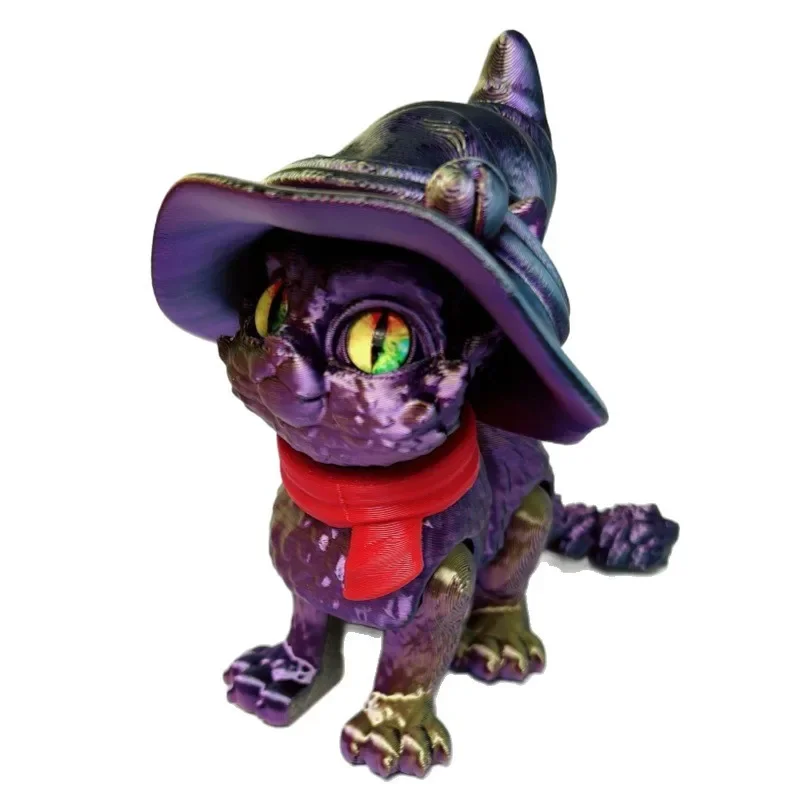 3D-gedruckte magische Katzenfigur, Spielzeug für Erwachsene, Kinder, Geschenk, realistisches Gelenk, beweglicher Hexenhut, Katzenornament, Tiermodell, Zappelspielzeug
