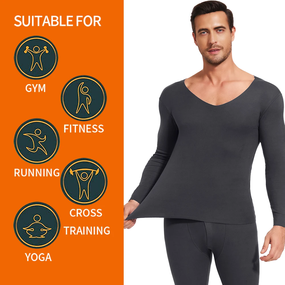 L-4XL Winter Men\'s Brushed Thermal Underwear V-Neck Long Sleeve Top Bottoming Pants Set Seamless Comfortable Pajamas 2Pcs New In