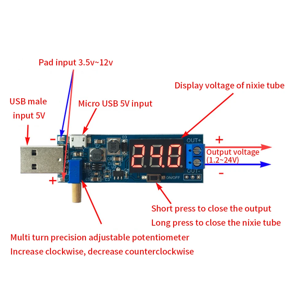 TISHRIC USB moduł Boost DC-DC 5V do 3.3V/24V USB zwiększony moduł zasilania USB konwerter DC 12V regulowany DC 1.2V-24V