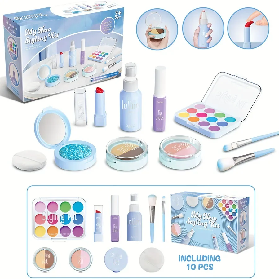 Juego de juguetes de maquillaje para niños, caja de maquillaje de belleza simulada, sin manchas, sin líquido, juego no tóxico de 10 piezas (maquillaje no Real)