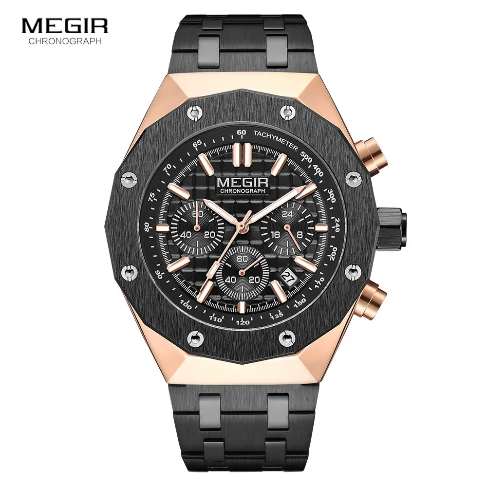 MEGIR Fashion Dress Watch Men Stainless Steel Strap Waterproof Quartz Wristwatch with Chronograph Auto Date Luminous Hands 2213