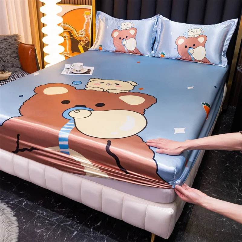 Cute Bear Fitted Sheet Set Silky Cartoon Bed Sheet Breathable Elastic Band Sheets Smooth Bed Sheet Mattress Cover for Kids Adult