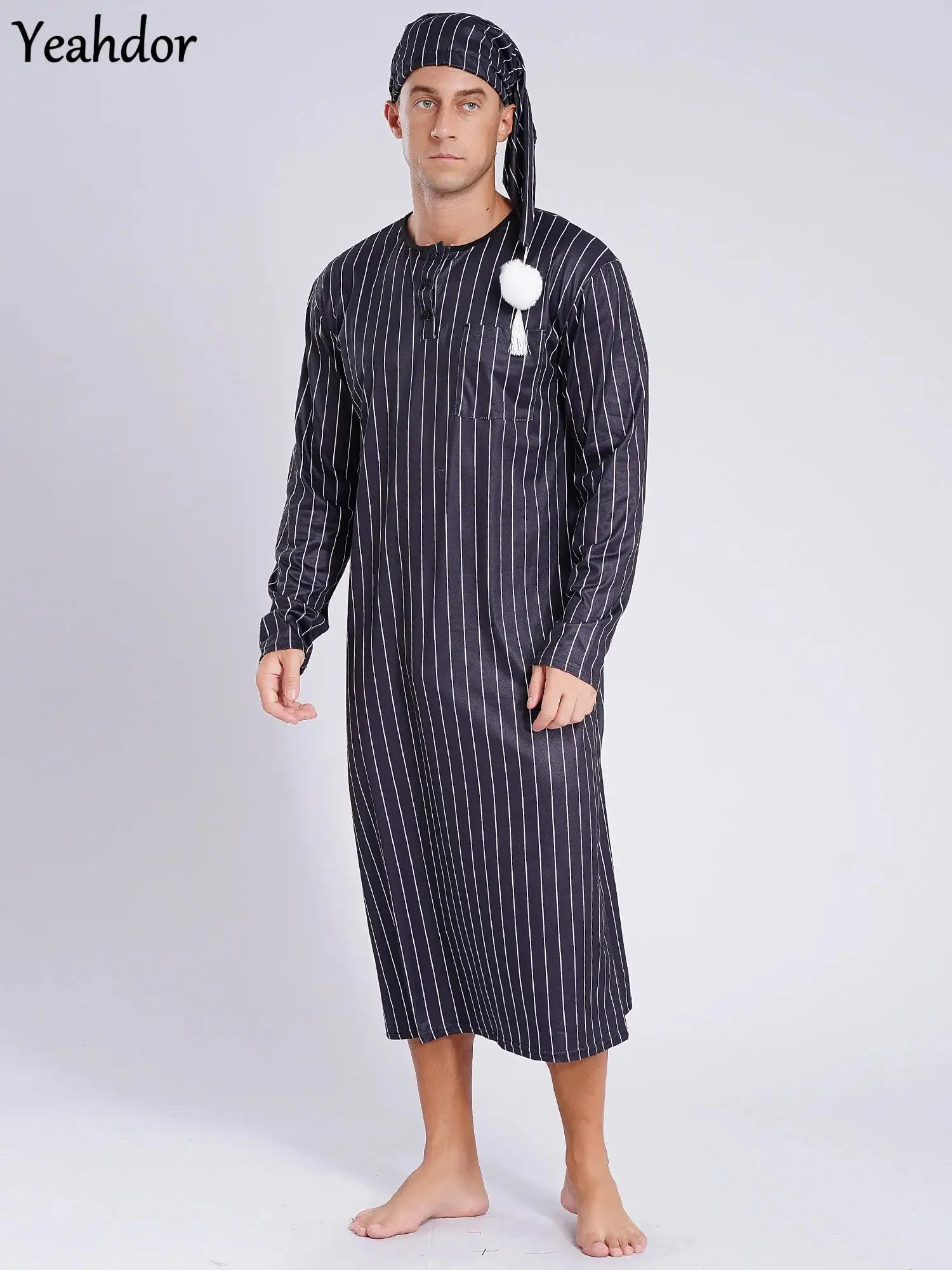 

Men Christmas Striped Sleep Robe Long Sleeve Long Robe Nightshirts And Sleep Hat Pajama Set Soft Loose Sleepwear Robe Nightdress