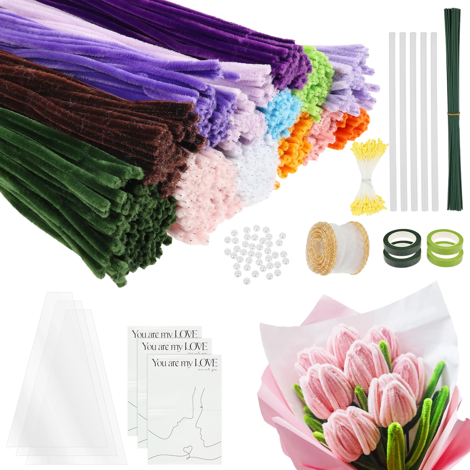 

800Pcs Chenille Stem Pipe Kids DIY Creative Toys Glue Sticks Floral Tape Stamen Bead Ribbon Wrapping Paper Handmade Plush Strips
