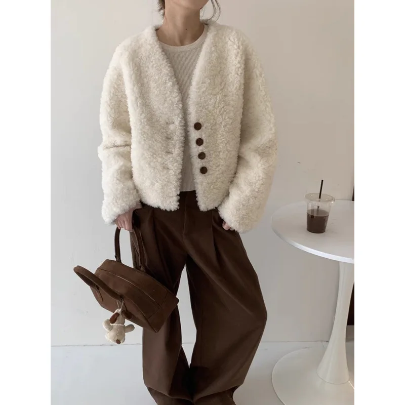 

Женская осенне-зимняя шерстяная свободная короткая куртка с v-образным вырезом и длинными рукавами, женская уличная одежда, однотонная верхняя одежда из шерстяного меха, топ