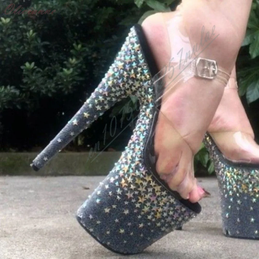 Glitter Star Decor Black Summer Sandals PVC Peep Toe Ankle Buckle Dance High Heel Fashion Sexy Women Shoes Nightclub Party