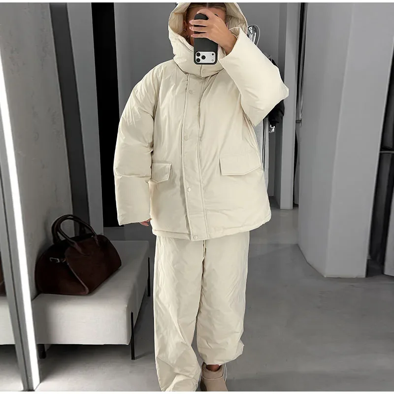 Damen-Winterhosen-Sets, Kapuzenjacken mit langen Ärmeln und Reißverschluss, übergroße, wattierte Jacken, Hosen mit weitem Bein, Herbst-Outfits für Damen, einfarbig, locker geschnitten. – Detail 2