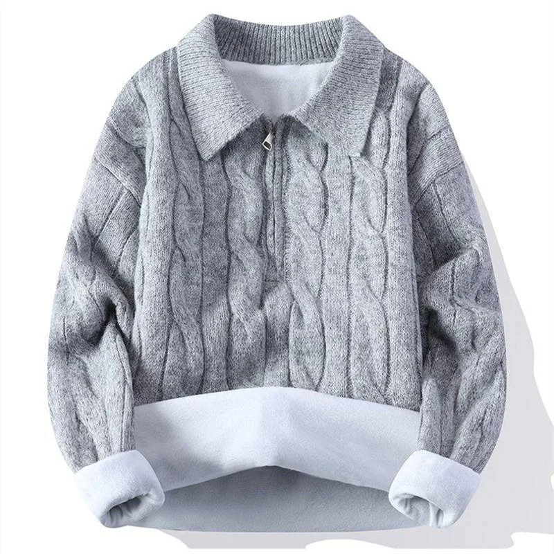 

Зимний мужской флисовый вязаный свитер с отложным воротником, пуловеры на полумолнии, мужские модные однотонные теплые вязаные пуловеры, свитера