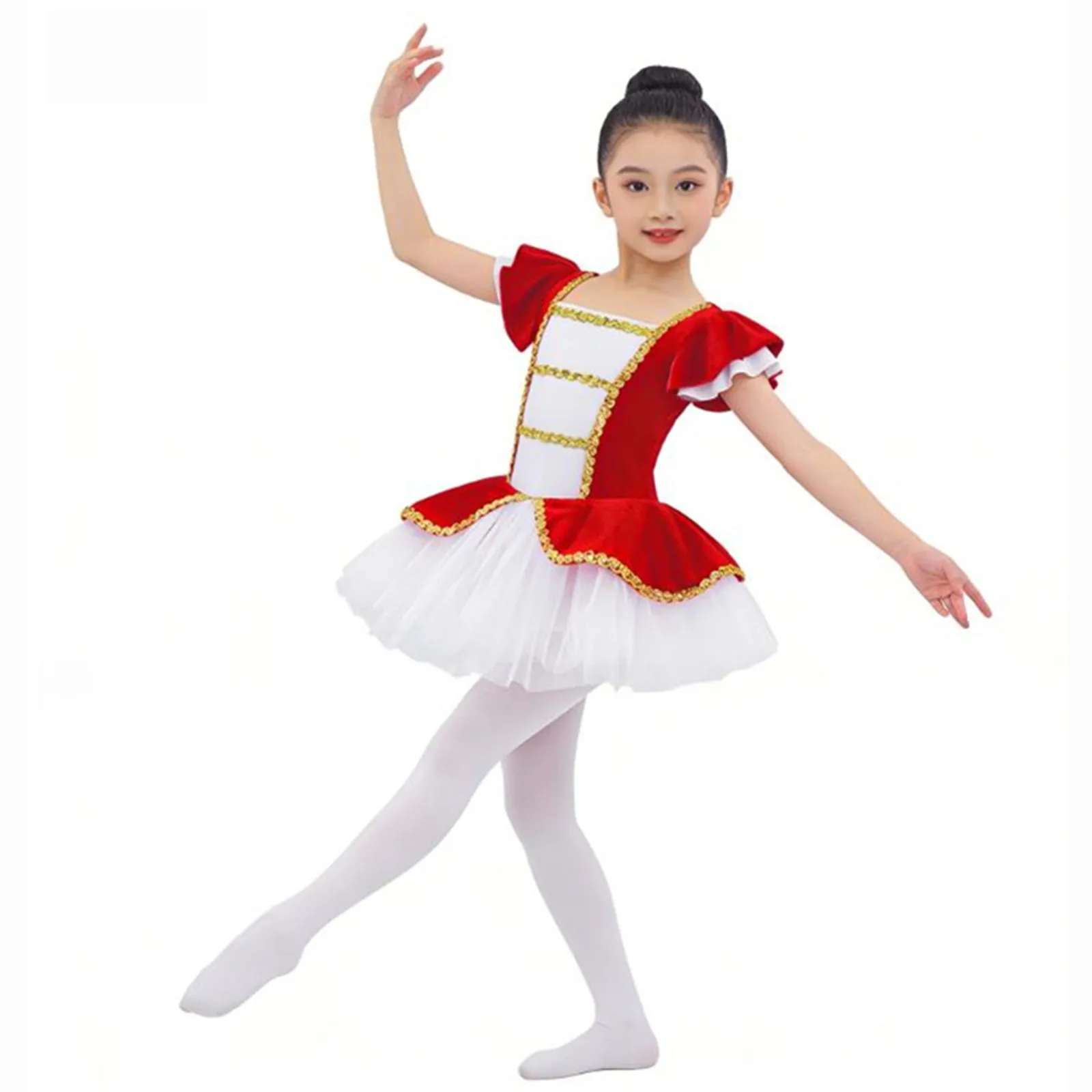 Kids Girls Velvet Ballet Tutu Performance Costume Short Sleeves Dance Jumpsuit with Sequins Adorned Mesh Hem Christmas Dress