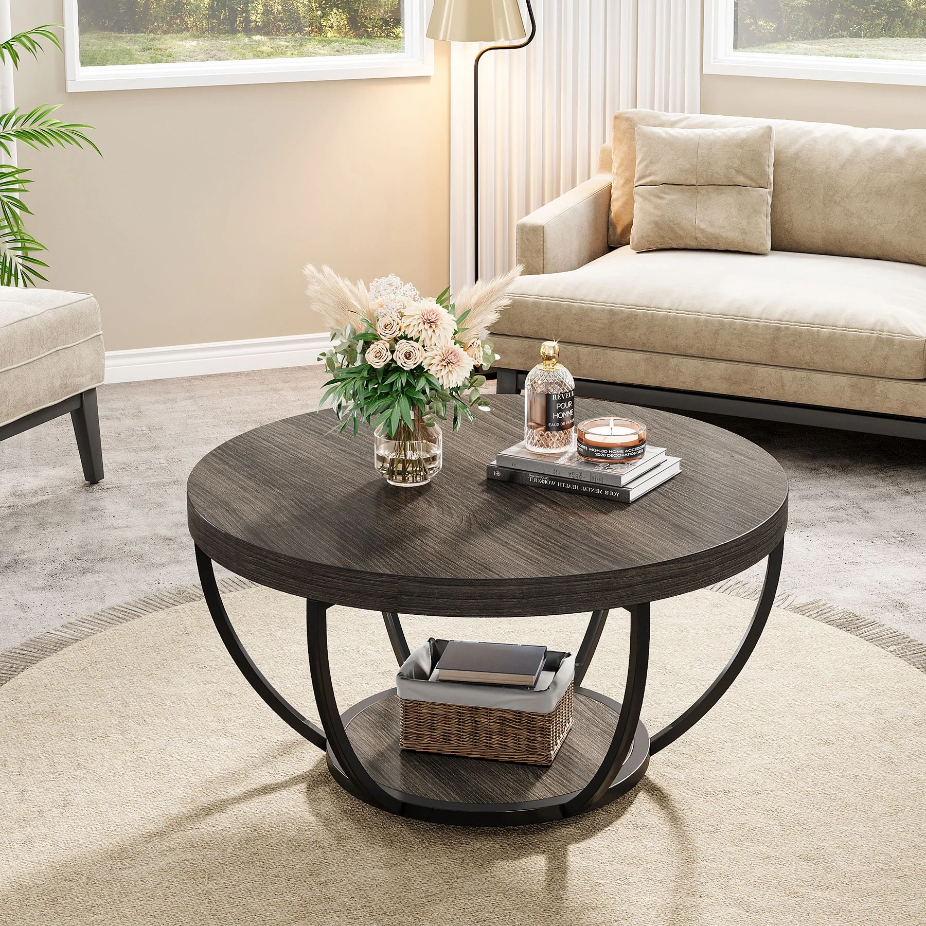 

Round Convertible Coffee Table 31.7" Solid Wood 2-Tier Storage Shelves Modern Living Room Cocktail Table