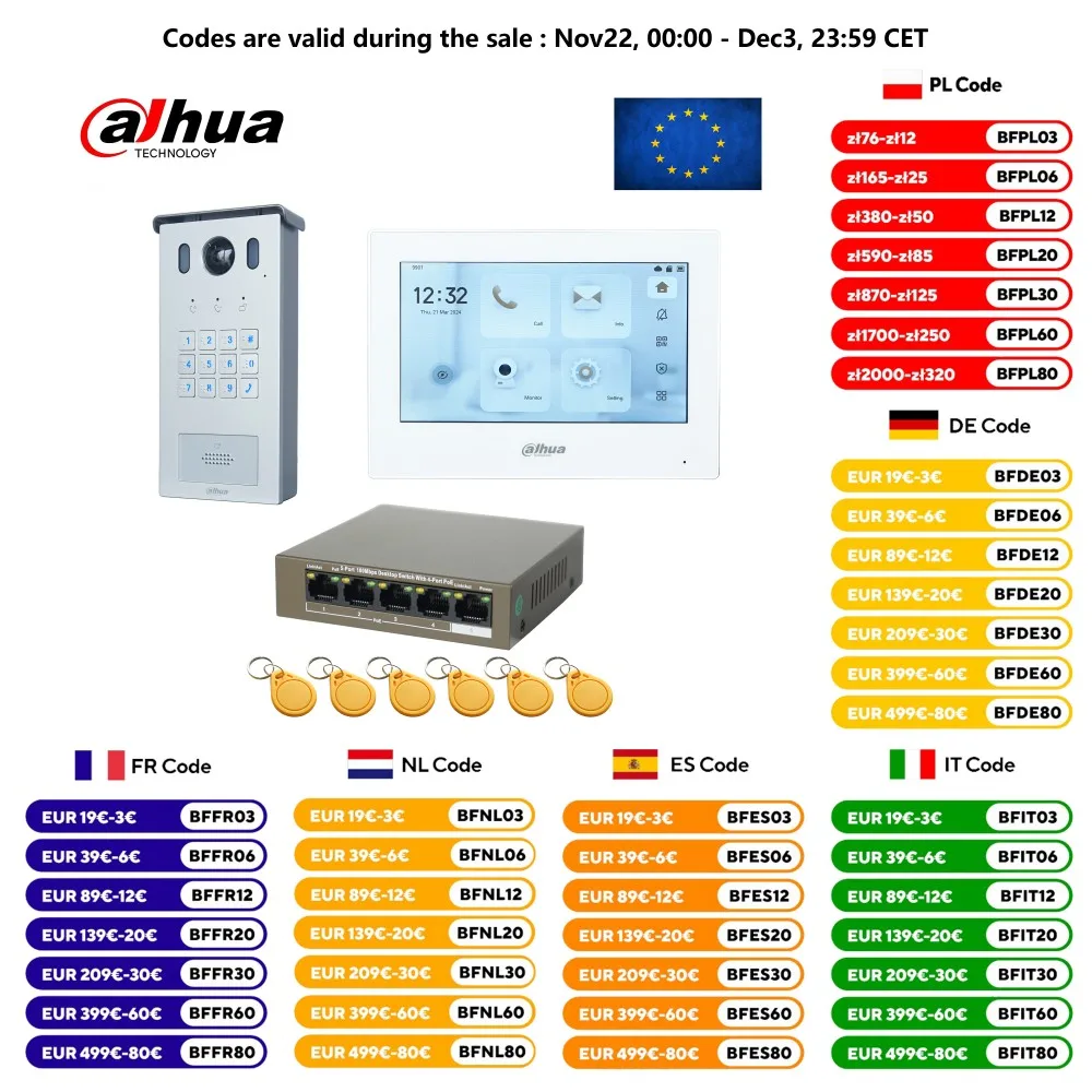 Dahua Multi-Language IP Video Intercom KIT,VTO3221E-P & VTH2621GW-P & PoE switch,support SIP, Password code unlock