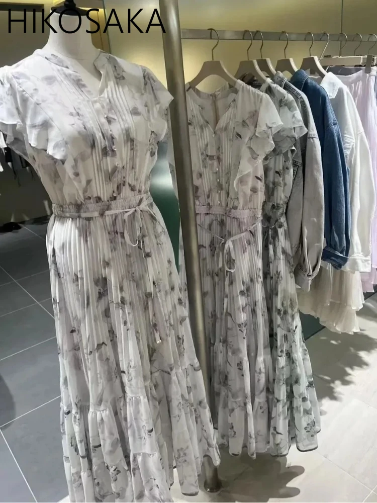 

V-neck Lace Up Slim Waist Pleated A-line Dress Ruffles Flying Sleeve Print Ropa Mujer Summer Chic Temperament Vestidos Mujer
