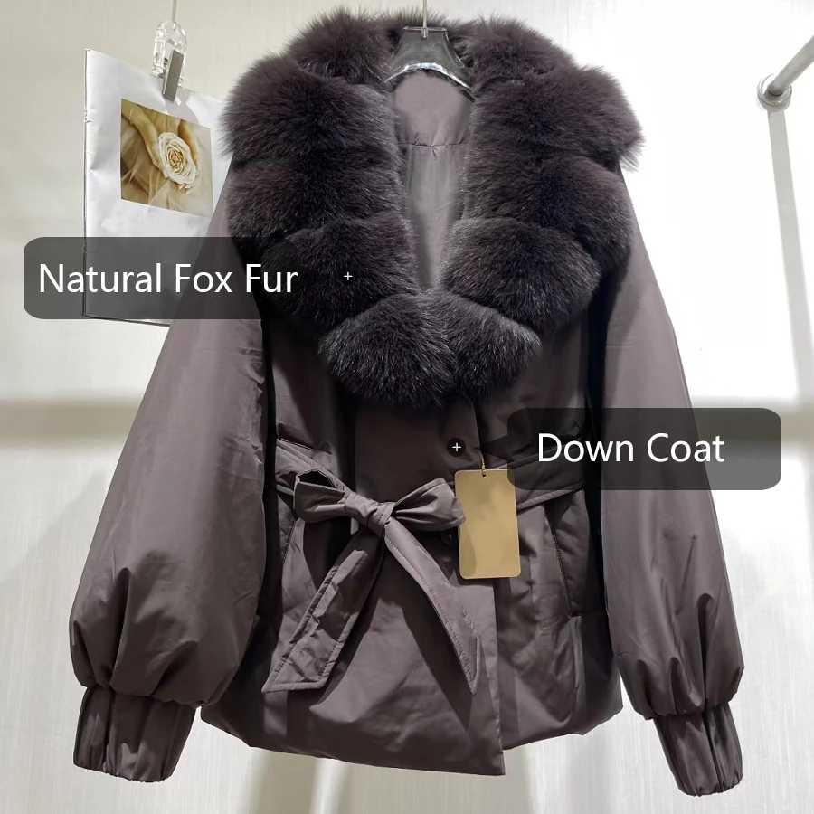 여성 다운 재킷 리얼 라지 폭스 퍼 칼라 아우터 리얼 퍼 코트 겨울 재킷 신상 벨트 루즈 푸퍼 파카