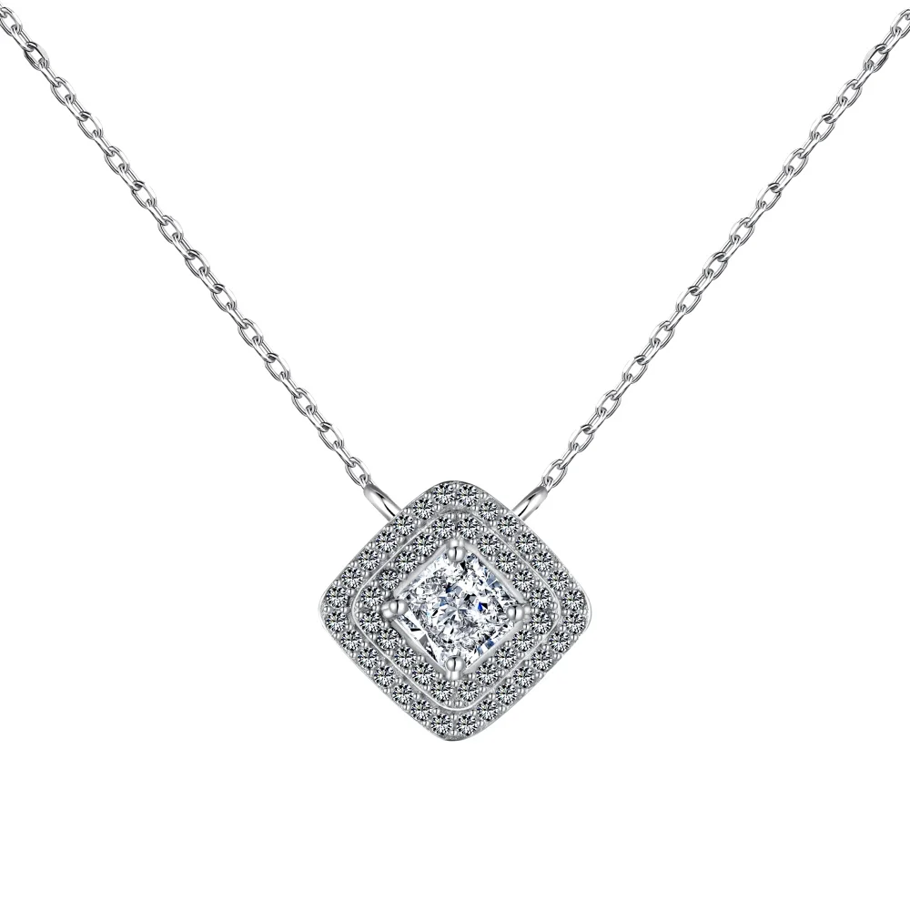 

WDM S925 Sterling Silver White Square Ice Flower Cut 8a Zircon Niche Design Woman Pendant Necklace