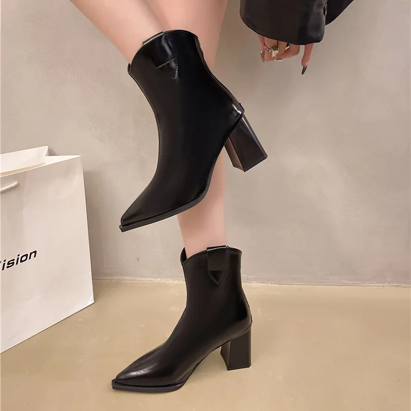 Autumn Winter Leather Chelsea Boots for Women Designer Soft-soled Sexy Women High Heels Shoes Fashion Modern Boots Female