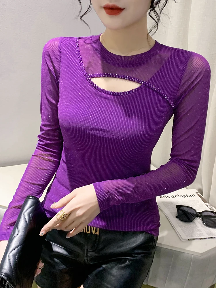 Primavera 2024 Sexy Lace T-shirt Feminino Longo Sve Faion Embelezado Base Oca irt Sli Versátil Commute Sle S...