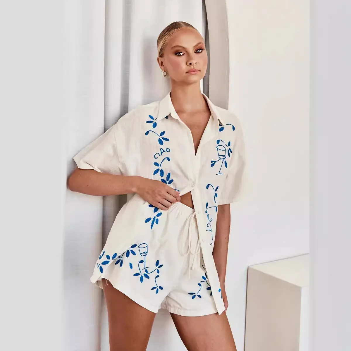 25 春夏新作 3D刺繍入り 快適カジュアルショートシャツセット-88189