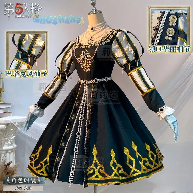 Alice Reporter Cosplay Costume, Jogo Identidade V Traje, Sapatos Acessórios, Adereços, Luvas, Colares, Festa de Halloween, Conjunto Completo, Vestidos Sexy