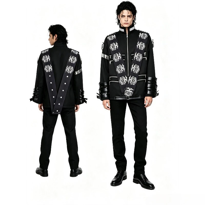 Impersonator Rock Style Jacket for Men Rivet Decor Printed Coat Halloween Party Stage Show Cosplay Costume Performance Outfit