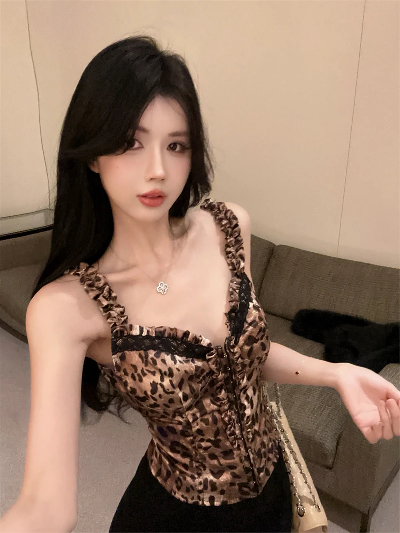 

Sexy Leopard Print V-Neck Ruffle Trim Pleated Strap Top Summer Design Button up Women's Vest Korean Style Slim Fit Inner Wear