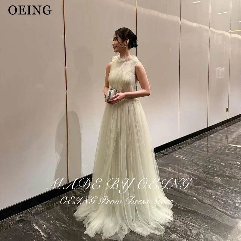 

OEING Simple Korea A-Line Prom Dress Princess Tulle High Neck Sleeveless Floor Length Puffy Party Dress vestidos Customized