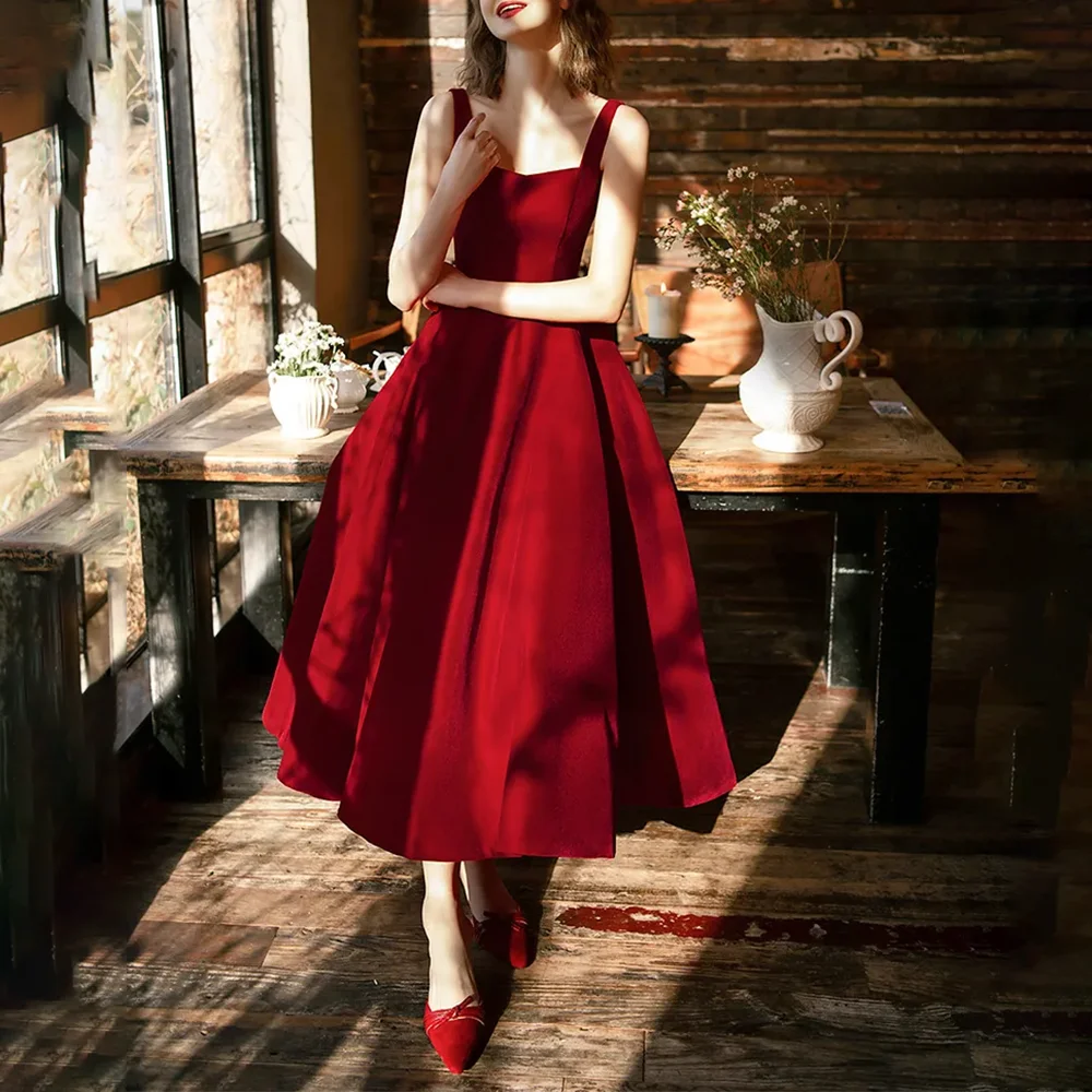 

Square Collar Elegant Evening Dresses Formal Party Prom Gowns Tea-Length A-Line Simple Backless Evening Prom Dresses Customized
