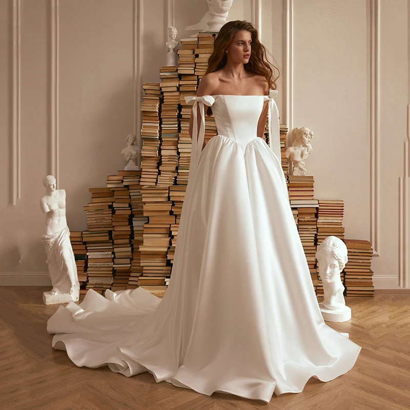 Eightree Weiße A-Linien-Brautkleider, schulterfrei, mit Schleife, Schleppe, Brautkleid, Prinzessin, Hochzeit, Ballkleid, maßgeschneidert