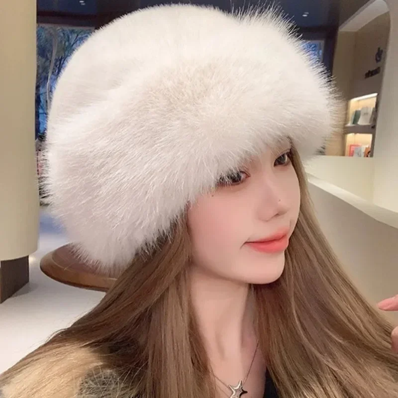 Winter Warm Plush Hats Women Girls Solid Color Simple Fluffy Bucket Hats Casual Comfortable Elegant Fur Caps Fashion Accessories