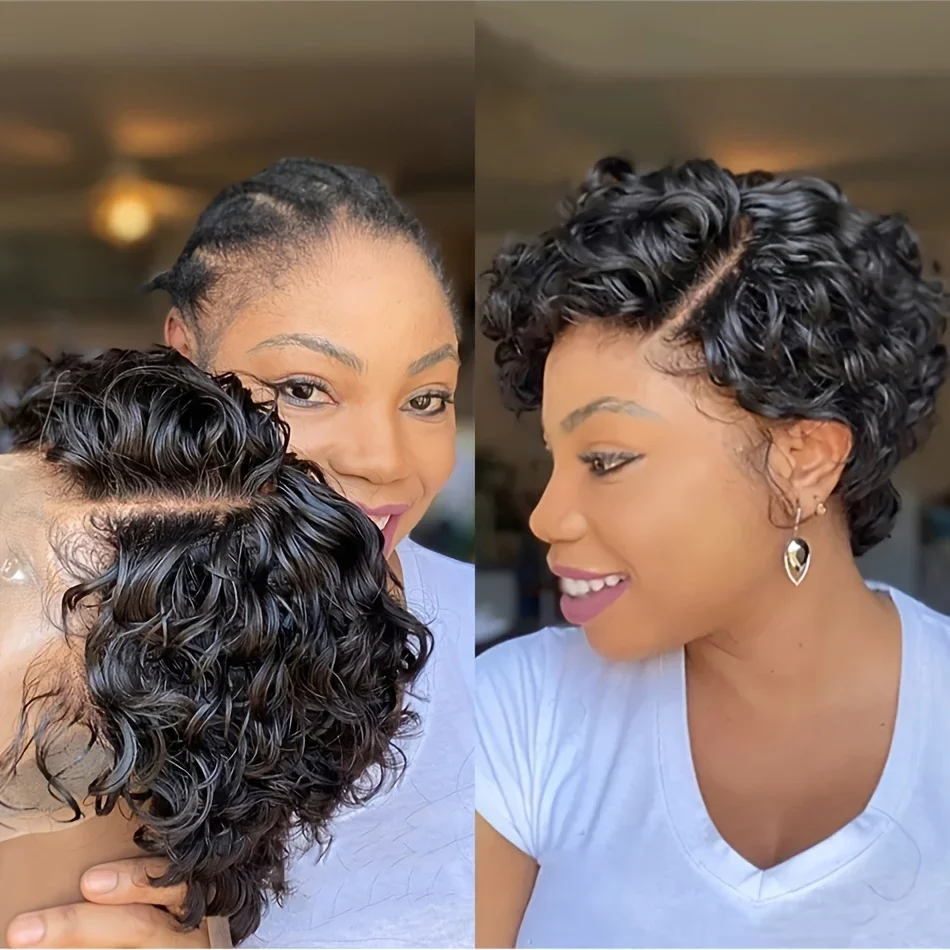 Cabello birmano de 6 pulgadas, corto, rizado, corte Pixie, pelucas de cabello humano 100%, peluca de encaje transparente 13x4x1, Color Natural para mujeres negras