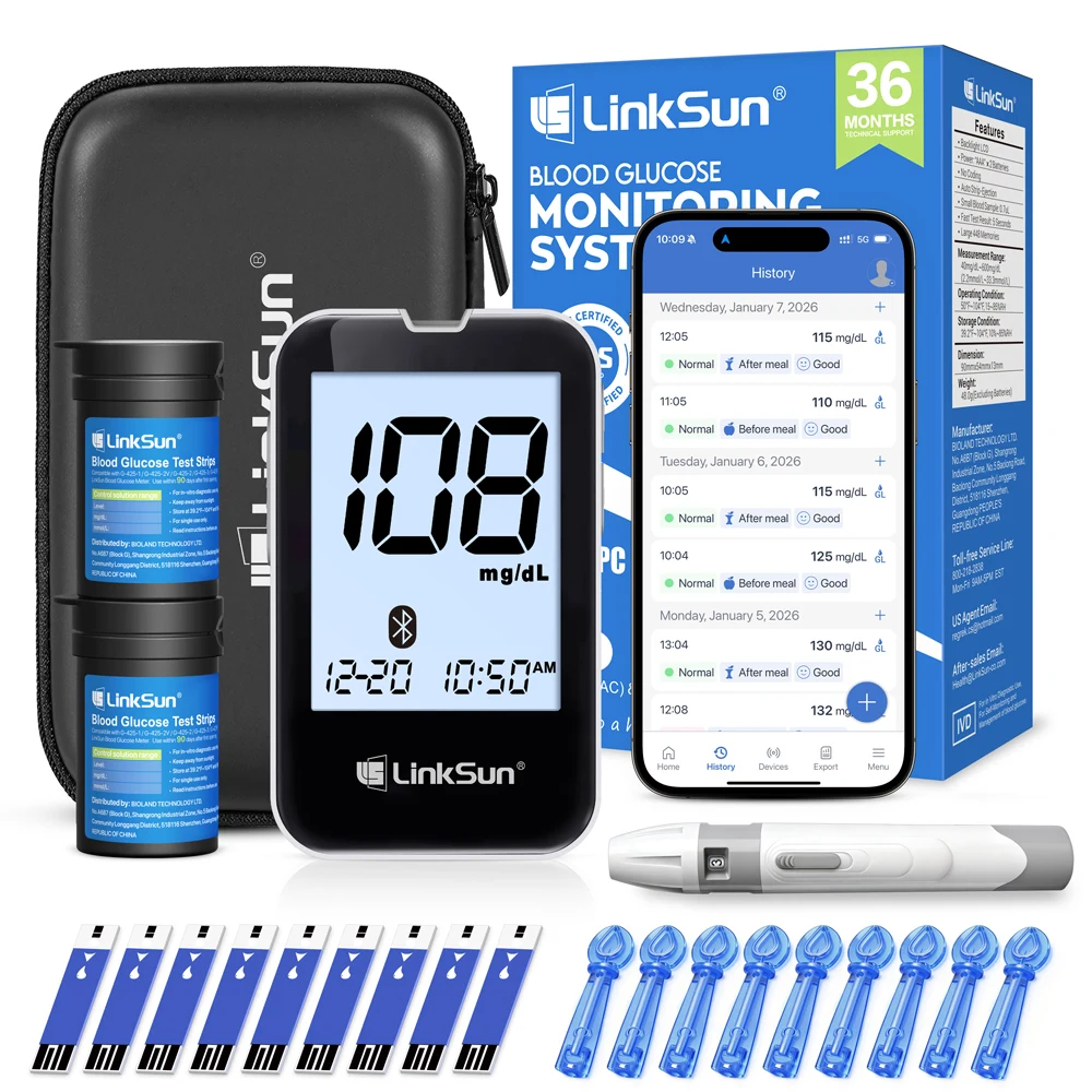 Kit Medidor de Glicose no Sangue Bluetooth LinkSun G-427B com 50-100 Tiras de Teste, Alta Precisão, Grande Display, Monitor Digital para Diabetes