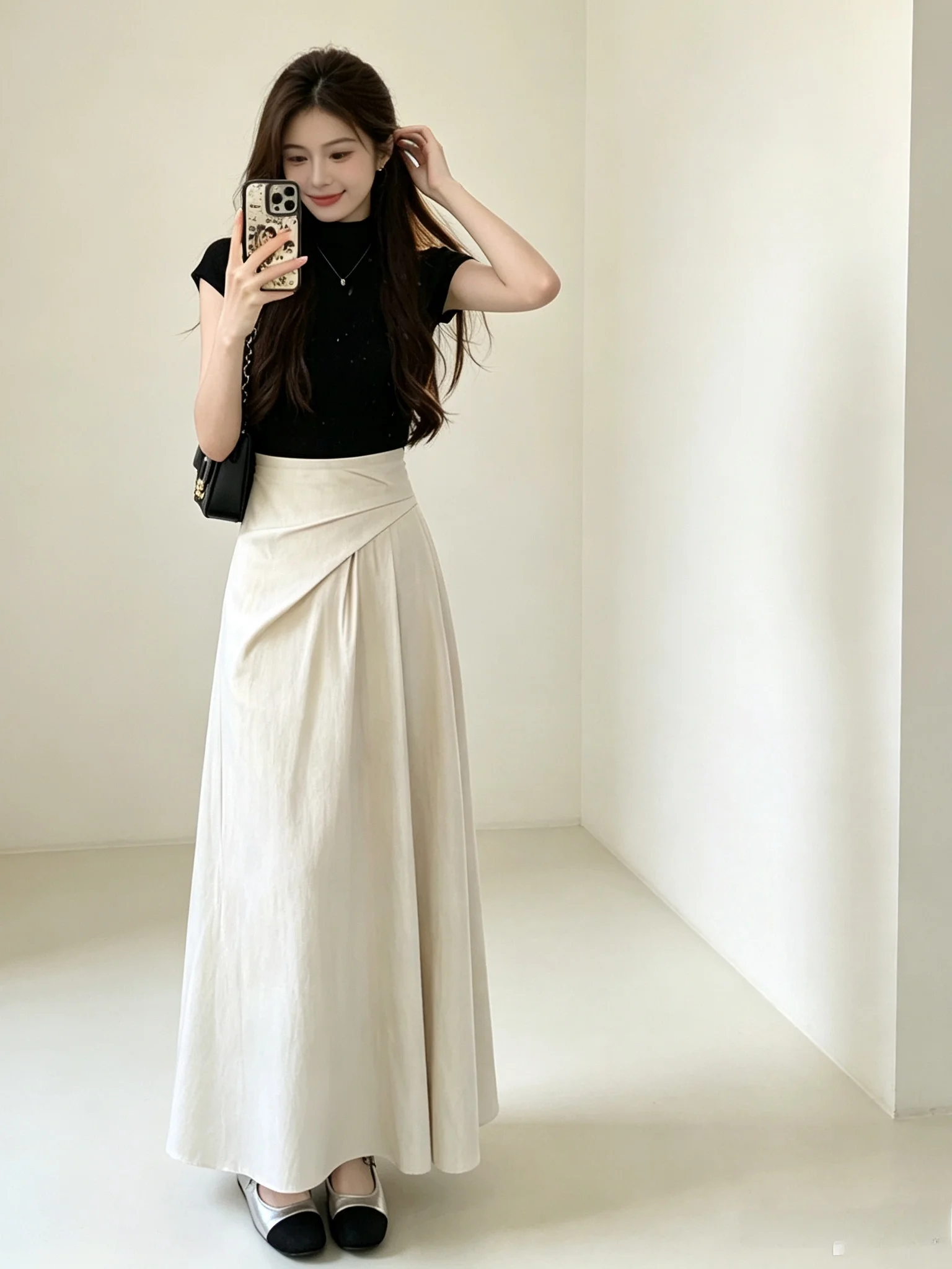 Apricot A-Line Midi Skirt Women's High Waist Slim Fit Summer 2026 New Style for Pear Shaped Body Berkeley Waist Cinched Skirt