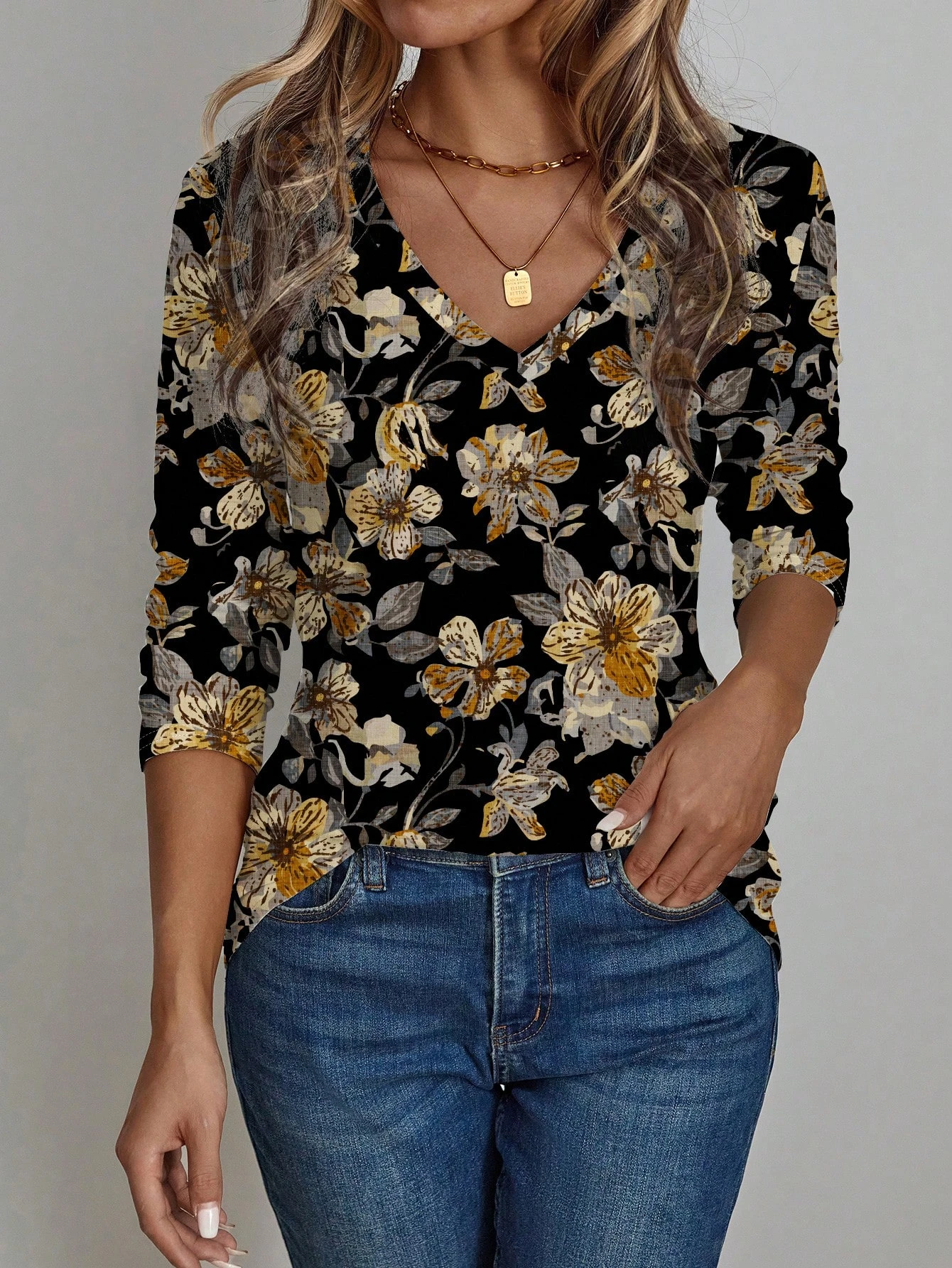 Damen 3D Retro Blumendruck V-Ausschnitt Langarmshirt Schlankmachendes Polyestergewebe Frühling und Herbst Lazy Style Top