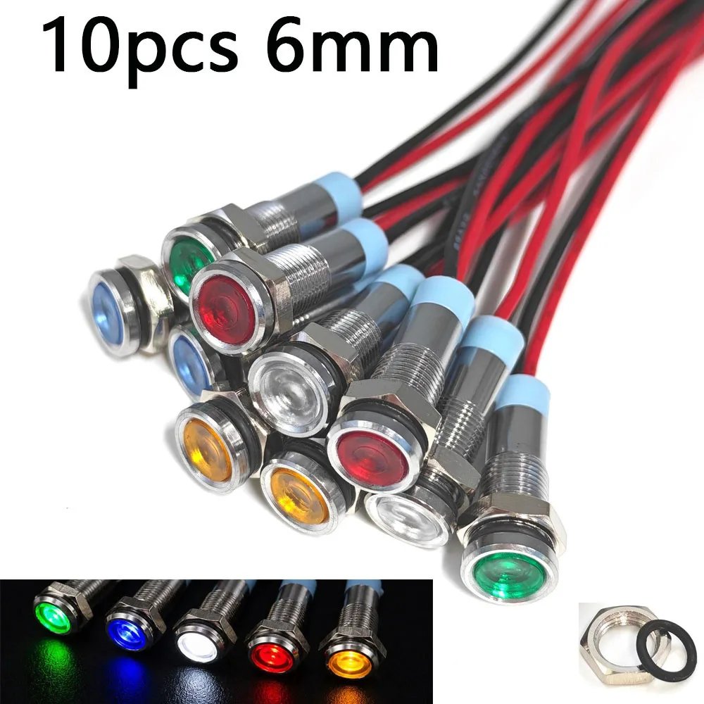 

10pcs 6mm Warning Indicator Light Signal Lamp Waterproof Metal LED Red 3V 5V 6V 12V 24V 220V ﻿Blue Green Yellow White with Wire