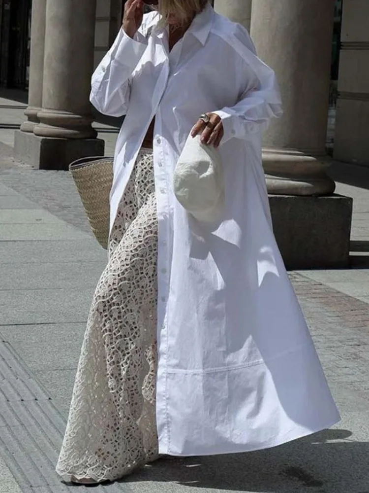 UOOZEE Womens Oversized White Lapel Shirt Dress 2025 New Long Sleeves Solid Color Split-Joint Minimalist Streetwear Maxi Dresses