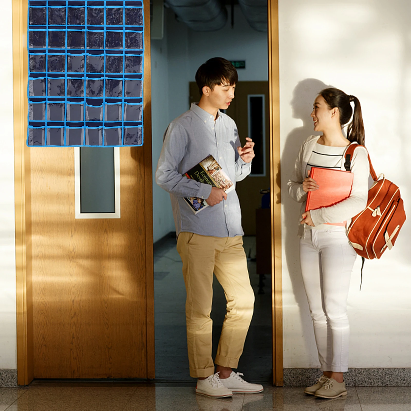 

Over Door Storage Bag Cell Phone Holder for Classroom Office Library Pocket Organizer Hanging Rack Black Simple Design