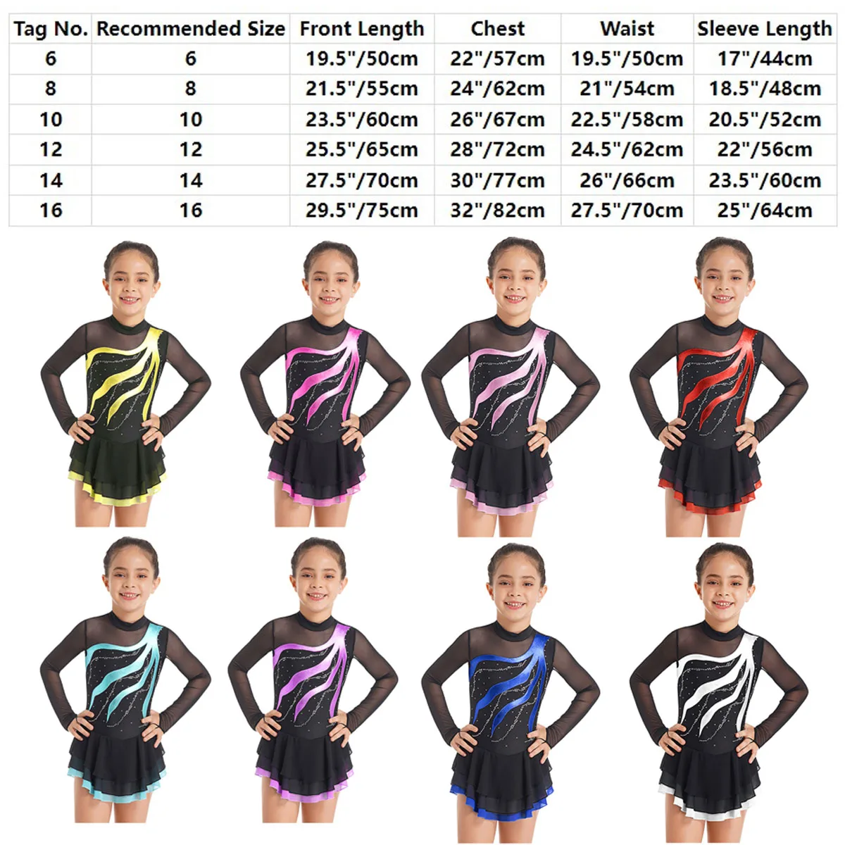 Kids Girls Long Sleeve Figure Skating Dress Rhinestone Mesh Splice Cutouts Back Ballet Gymnastics Leotard Competition Costume