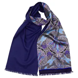 100% Pure Silk Scarf Men Winter Long Black Paisley Natural Men's Silk Scarf with Wool Feeling Backing Blue for Evening Suit Tie