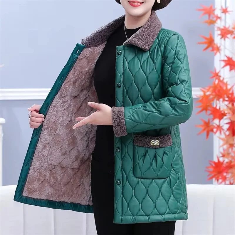 Winter Middle Aged Mother PU leather Down Cotton Tops  Female New Medium Long Cotton Jacket Ladies Large Size 6XL Puffer Coat