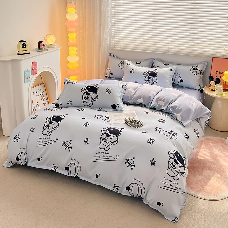 1PC Quilt Cover: Light Sky Blue, Cartoon Astronaut & Space Elements, Space Cute Vibe, Skin-Friendly, Fits Single/Double