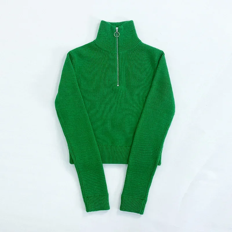 Autumn Turtleneck Cropped Pullover Sweaters POLO Collar Zipper Solid Slim Fit Wool Women Green Clothing Urban Style Luxury Tops