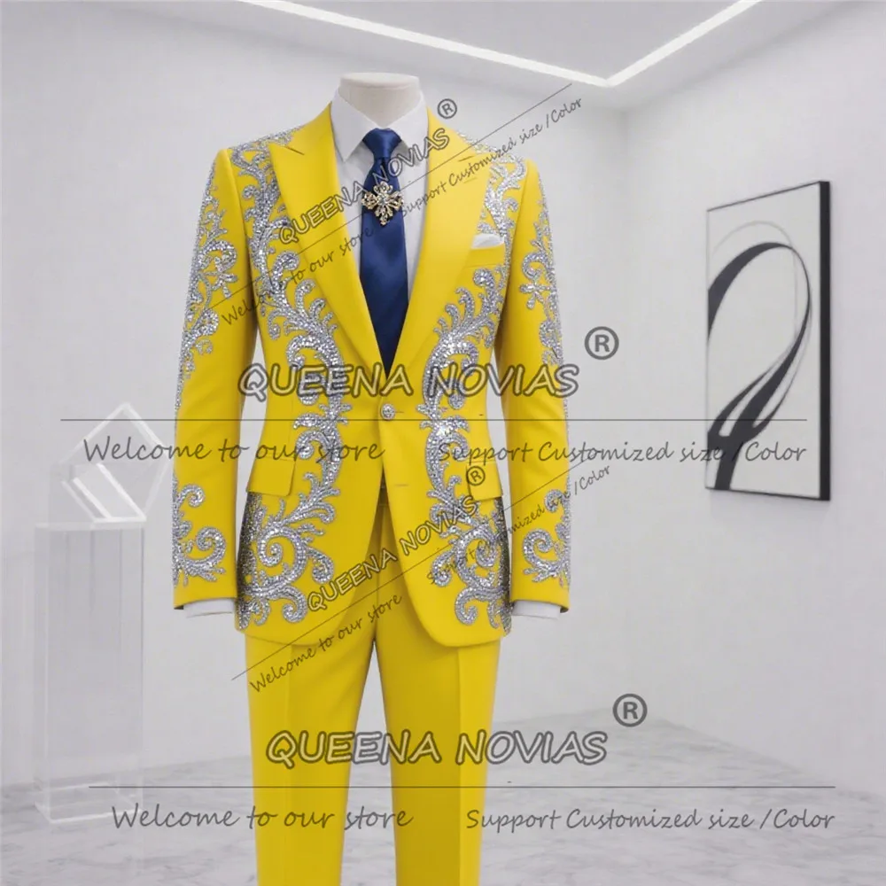 الشظية بلورات مطرز بدل زفاف للرجال 2 قطعة مجموعات واحدة الصدر سترة السراويل مخصصة العريس الحلل Ropa Hombre