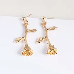 Korea Romantic Delicate Rose Flower Earrings Charm Gold Color Rose Jewelry Metal Tree Branches Earrings For Women Girls Gift