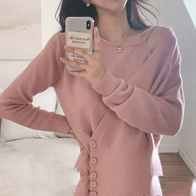 Korean Chic Early Spring French Design Sensibility Two-Piece Illusion Three-Piece Button Waist-Fitted Knit Sweater Versatile Nic