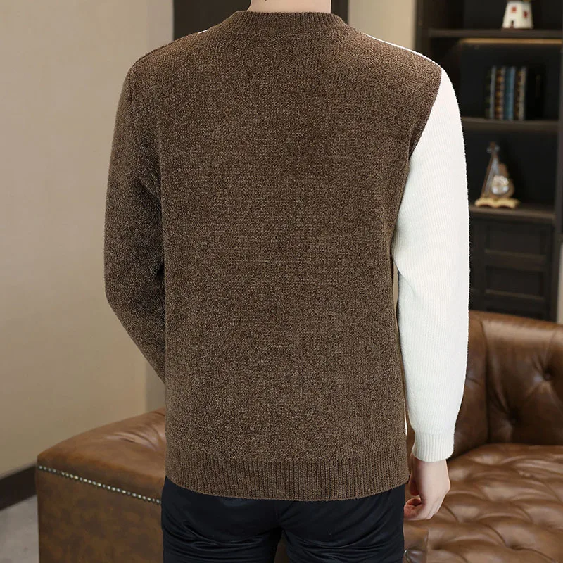 두꺼운 가을 겨울 남성 니트 스웨터 후드 반하이 칼라 따뜻한 폴리에스터 섬유 스트라이프 패턴 캐주얼 스타일 시티워크