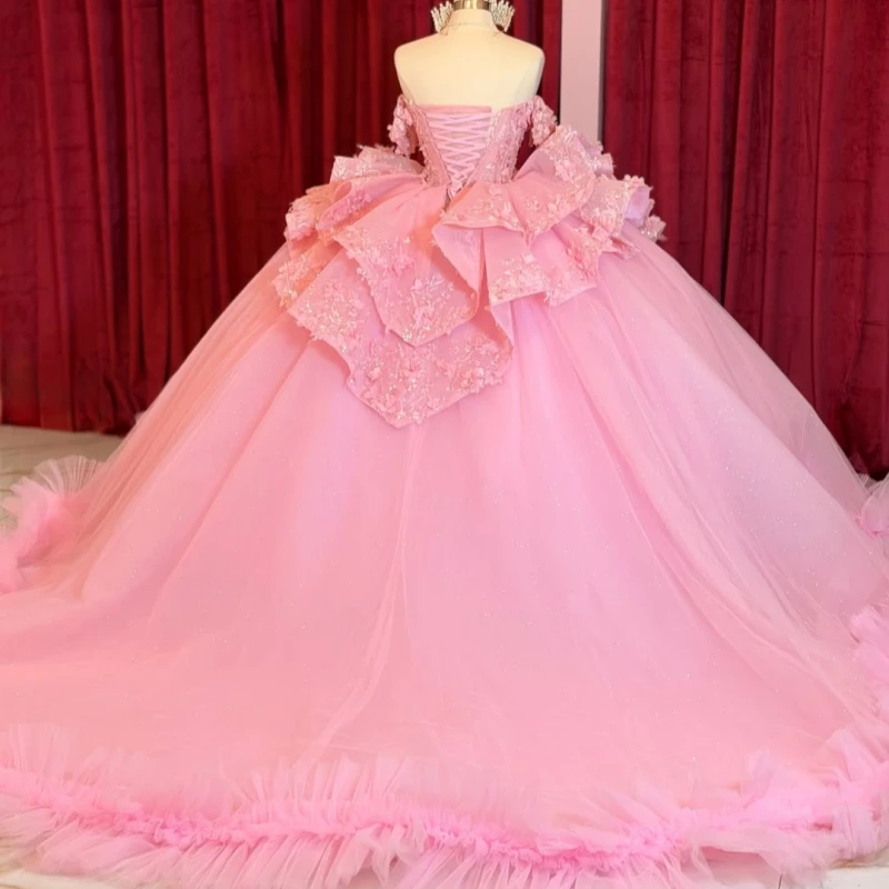 Pink Glitter Quinceanera Dresses Off Shoulder Ball Gown Sweet 16 Dress Applique Lace Beading Crystal Bow Tiered Tull Party Birth